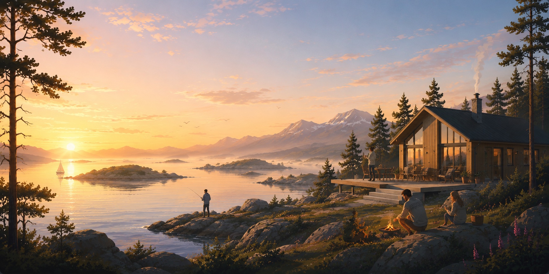 A cabin at sunrise over a Norwegian fjord