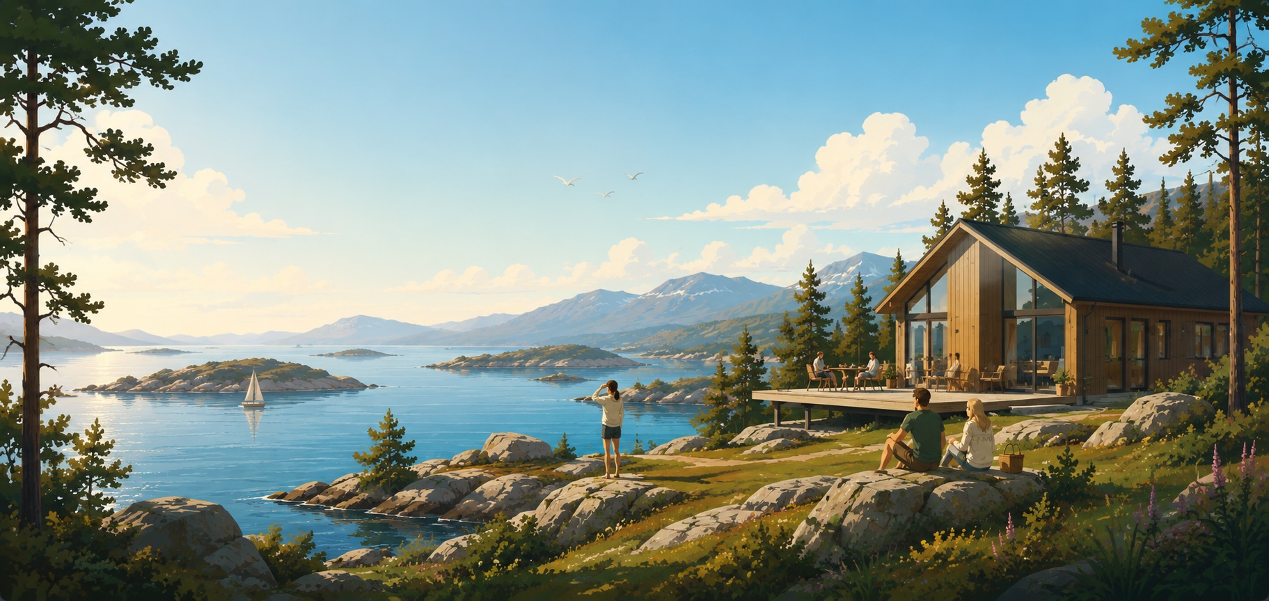 A cabin overlooking a Norwegian fjord