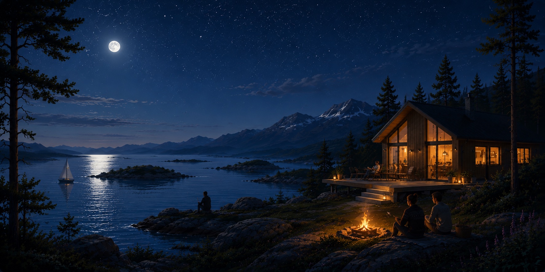 A cabin under a starry sky over a Norwegian fjord